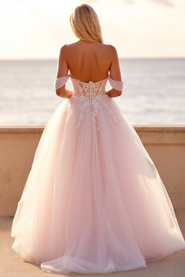 Blush Off the Shoulder Tulle Sweep Train Boho Wedding Dress with Appliques